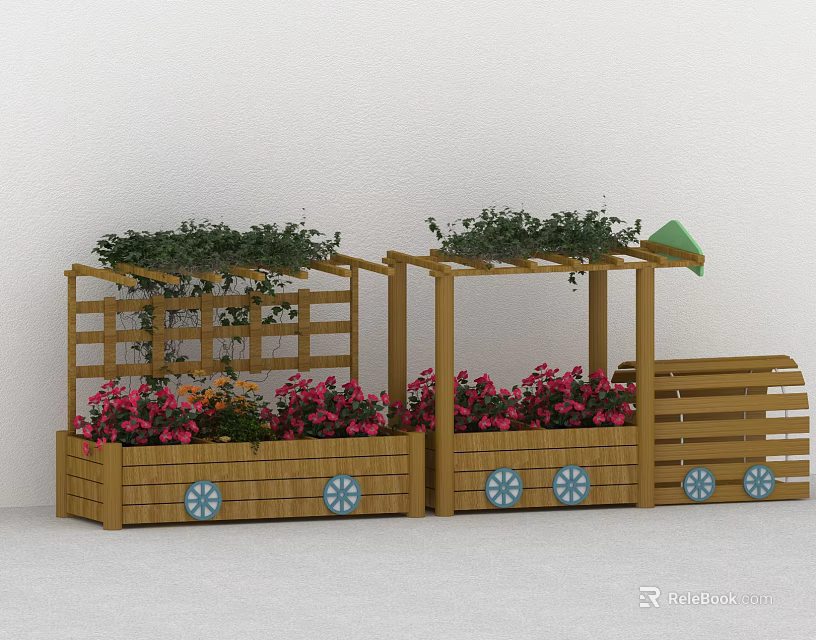 Wooden Planters with Wheels Pergola Climbing Vines Pink Flowers and Green Canopy for Garden Decor 3d model 