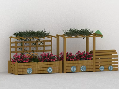 Wooden Planters with Wheels Pergola Climbing Vines Pink Flowers and Green Canopy for Garden Decor 3d model
