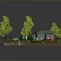 Cartoon Scene With Small Rustic House Green Trees Red Truck Brown Boxes And Wooden Platform