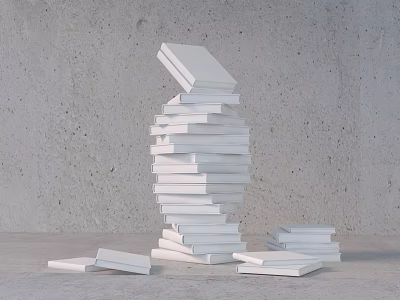 Art Installation Featuring Stacked White Books In Inclined Structure With Concrete Background 3d model