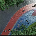 Beautiful Park Landscape With Lush Green Trees Colorful Circular Paved Ground And People Enjoying