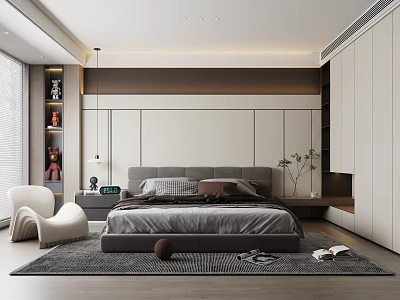 Modern Bedroom Interior Design With Stylish Bed Wardrobe Nightstand And Cozy Rug 3d model