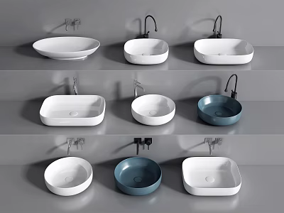 Various Stylish Washbasins in Modern Designs with White Blue Tones and Faucets 3d model