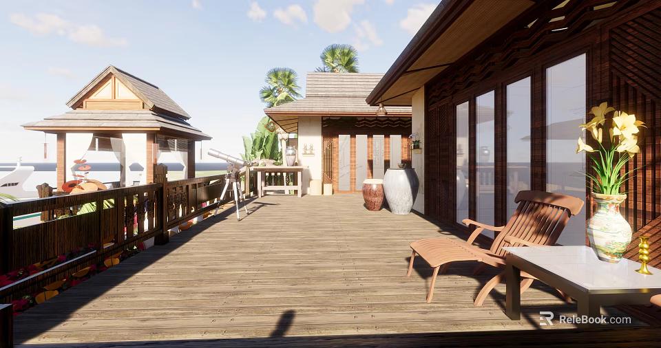 Beachfront Guesthouse Building With Wooden Deck Deck Chairs Large Windows Palm Trees And Ocean View 3d model 