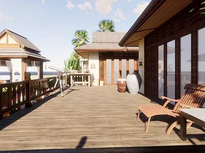 Beachfront Guesthouse Building With Wooden Deck Deck Chairs Large Windows Palm Trees And Ocean View 3d model