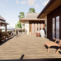 Beachfront Guesthouse Building With Wooden Deck Deck Chairs Large Windows Palm Trees And Ocean View