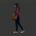 Woman In Red Top And Dark Jeans Walking With Brown Handbag On Gray Background