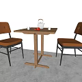 Brown Leather Leisure Chairs with Wooden Table White Kettle Cups and Red Fruits in Modern Setting