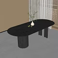 Gray Oval Dining Table Featuring Column Legs White Vase Green Plant And Fruits