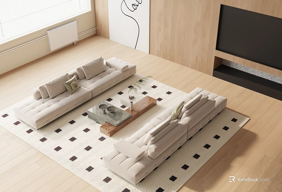 Modern Living Room Beige Sofa Coffee Table Set With Wooden Glass Top And Geometric Rug 3d model 