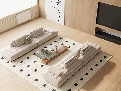 Modern Living Room Beige Sofa Coffee Table Set With Wooden Glass Top And Geometric Rug 3d model
