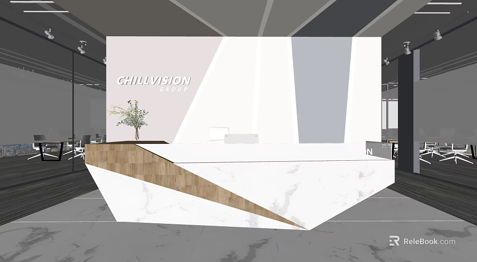 CHILLVISION GROUP Modern Reception Desk Design With Marble Countertop Wooden Accents And Flower Vase 3d model 