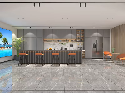 Modern Break Room Design With Gray Cabinets Bar Counter Bar Stools Refrigerator And Green Plant 3d model