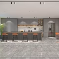 Modern Break Room Design With Gray Cabinets Bar Counter Bar Stools Refrigerator And Green Plant