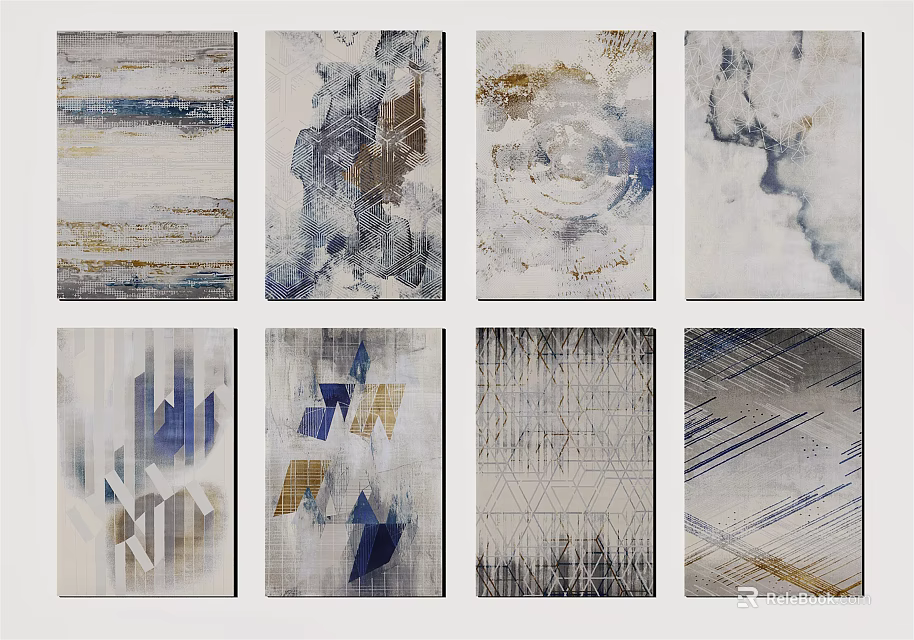 Square Rugs with Modern Abstract Patterns in Blue Grey Gold White Tones 3d model