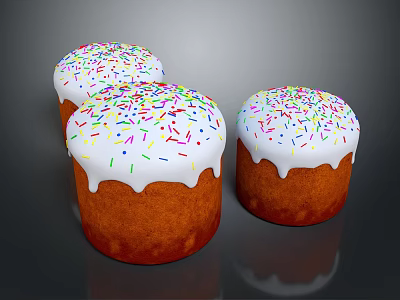 Three Delicious Cakes With White Dripping Frosting And Colorful Sprinkles 3d model