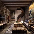Rustic Vintage Wooden Sofa And Coffee Table Set For Cozy Stone Wall Living Room