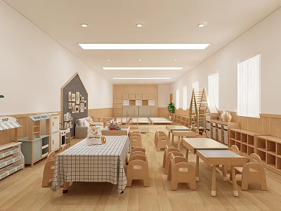 Bright Spacious Kindergarten Interior With Wooden Tables Chairs Bookshelves And Windows 3d model