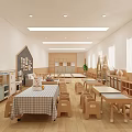 Bright Spacious Kindergarten Interior With Wooden Tables Chairs Bookshelves And Windows