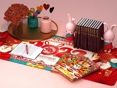 Decorative Ornament Set with Rabbit Dolls Flower Bouquet Balloons Notebook Books and Red Decorative Mat 3d model