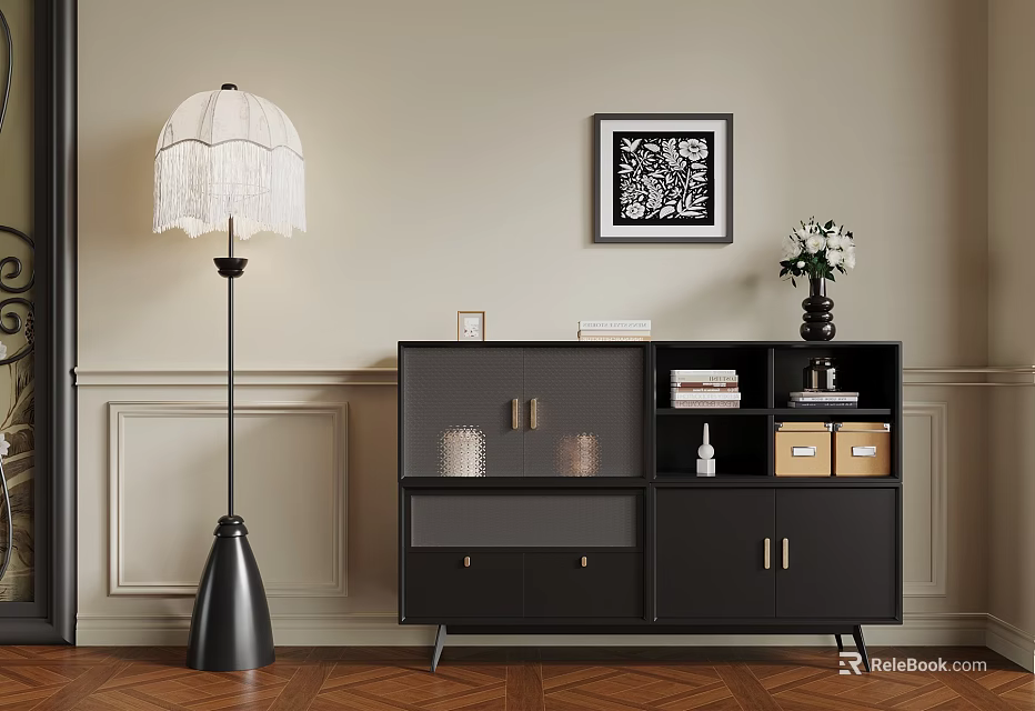 Modern Interior With Floor Lamp Decorative Artwork Cabinet And Vase On Wooden Floor 3d model 
