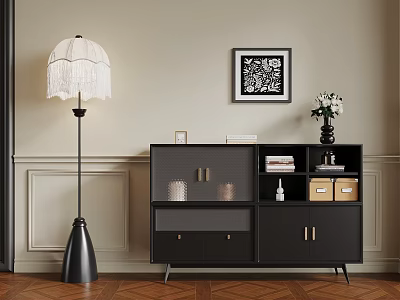 Modern Interior With Floor Lamp Decorative Artwork Cabinet And Vase On Wooden Floor 3d model