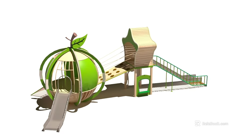 Green Apple Shaped Outdoor Playground Equipment With Slide Climbing Net And Wooden Structure 3d model 