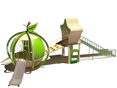 Green Apple Shaped Outdoor Playground Equipment With Slide Climbing Net And Wooden Structure 3d model