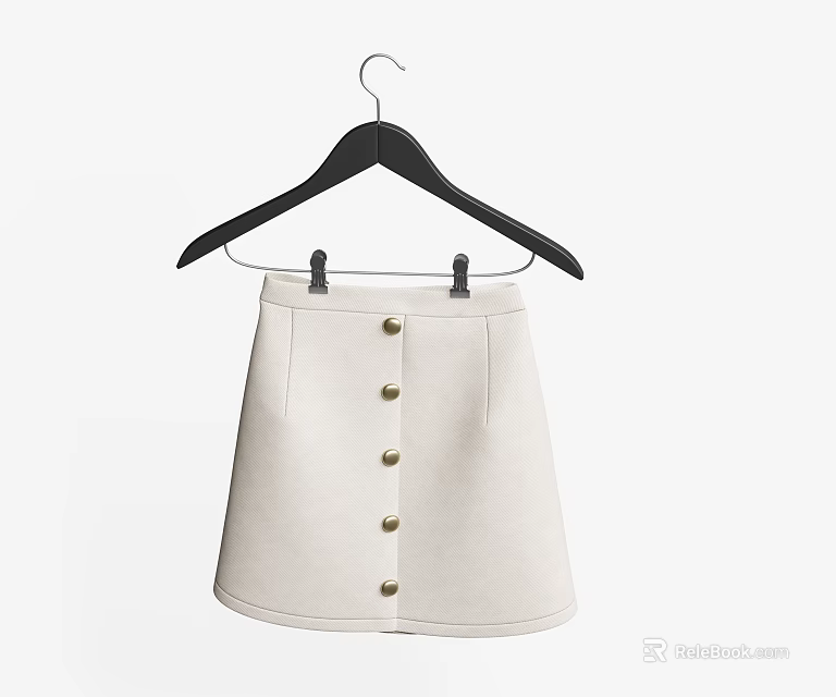 White Casual Skirt With Gold Front Buttons Hanging On Black Hanger Simple Design 3d model 