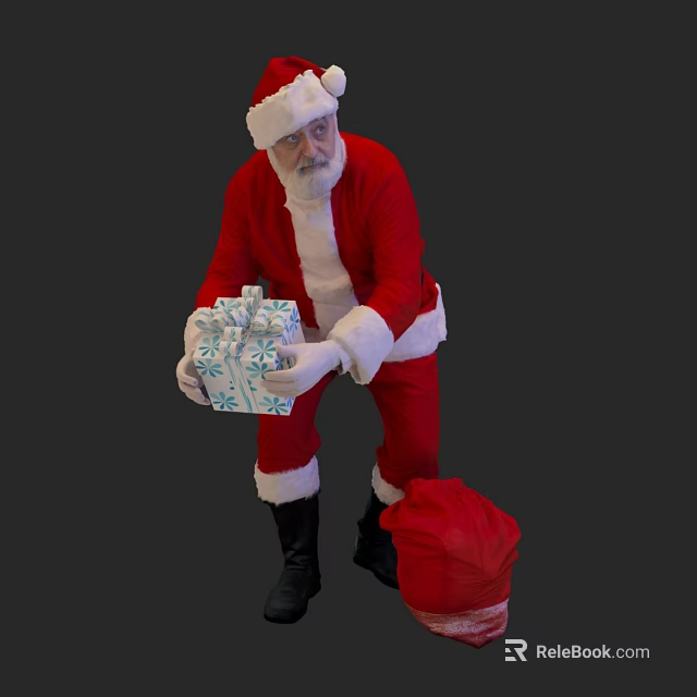 Santa Claus Holding Wrapped Gift With Blue And White Pattern And Red Bag 3d model 
