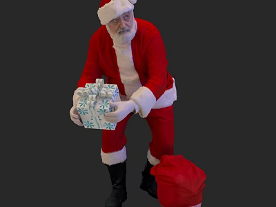 Santa Claus Holding Wrapped Gift With Blue And White Pattern And Red Bag 3d model