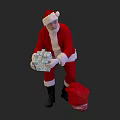 Santa Claus Holding Wrapped Gift With Blue And White Pattern And Red Bag