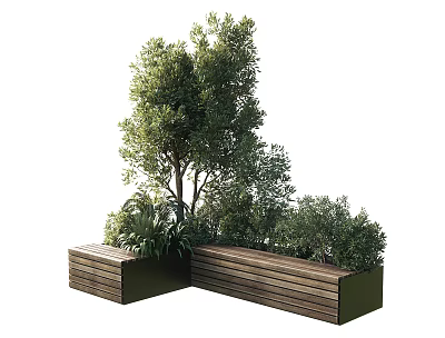 Modular Wooden Outdoor Landscape Seating Surrounded By Green Trees And Plants 3d model