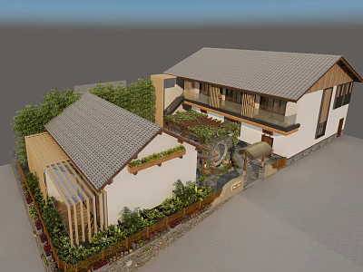 Traditional Modern Homestay Building with Tile Roof Courtyard Greenery and Wooden Elements 3d model