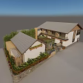 Traditional Modern Homestay Building with Tile Roof Courtyard Greenery and Wooden Elements