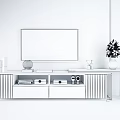 Modern TV Stand With Gold Metal Frame Marble Wall Background And Flower Vase