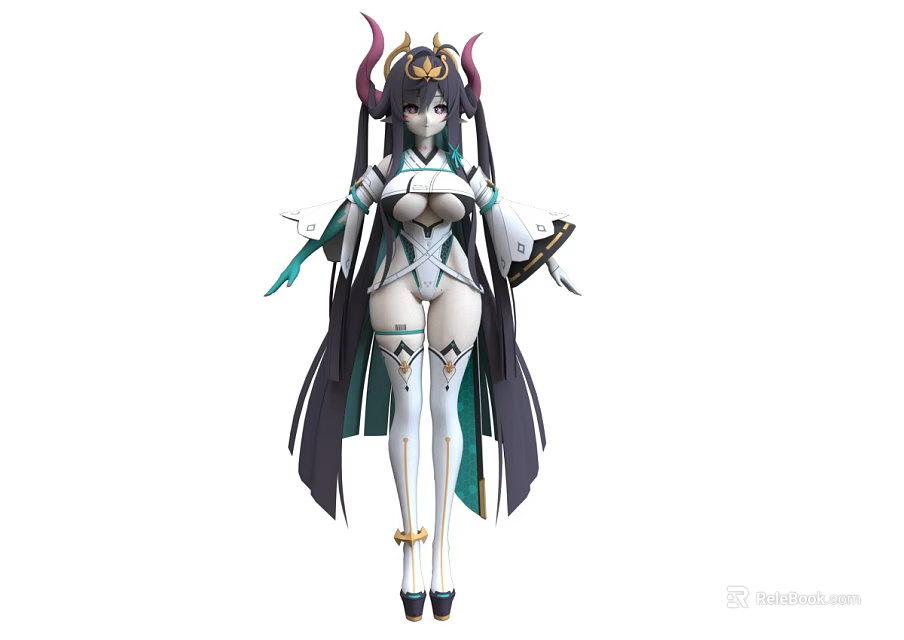 Woman With Long Dark Hair And Horns In White Green Outfit With Decorative Headdress 3d model 