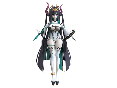 Woman With Long Dark Hair And Horns In White Green Outfit With Decorative Headdress 3d model