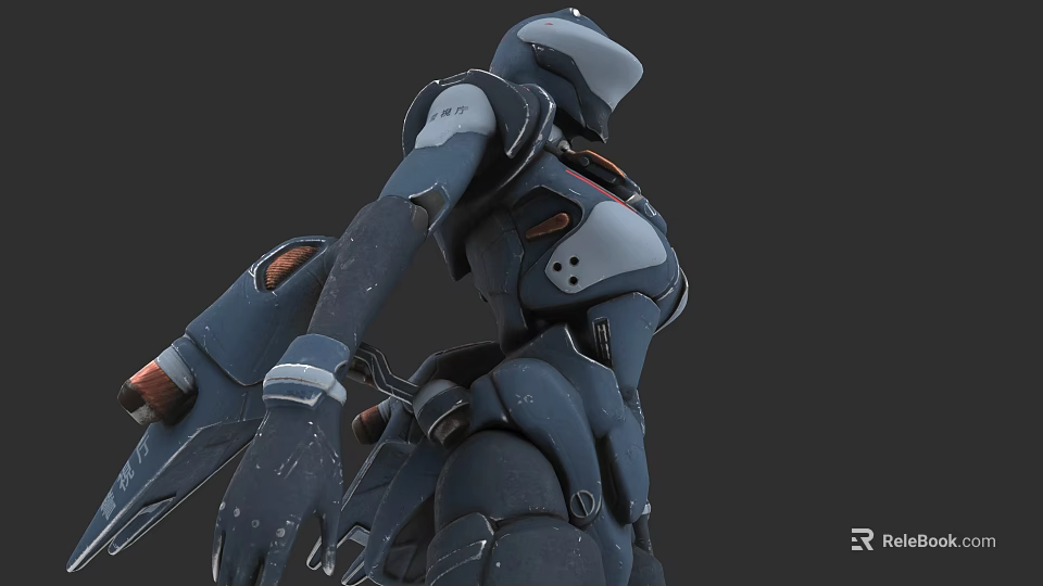Sci Fi Mecha Game Movie Character With Dark Blue Armor And Orange Accents 3d model 