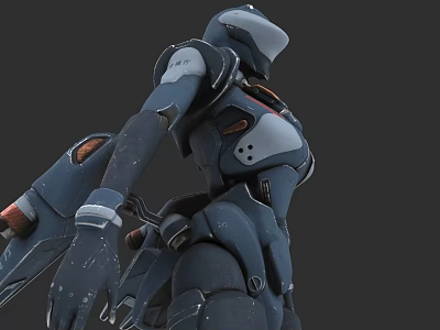 Sci Fi Mecha Game Movie Character With Dark Blue Armor And Orange Accents 3d model