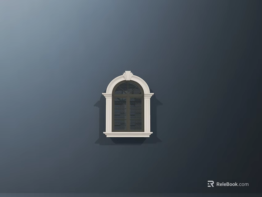 Classic Casement Window With White Frame Arched Top Grid Glass On Dark Wall Background 3d model 