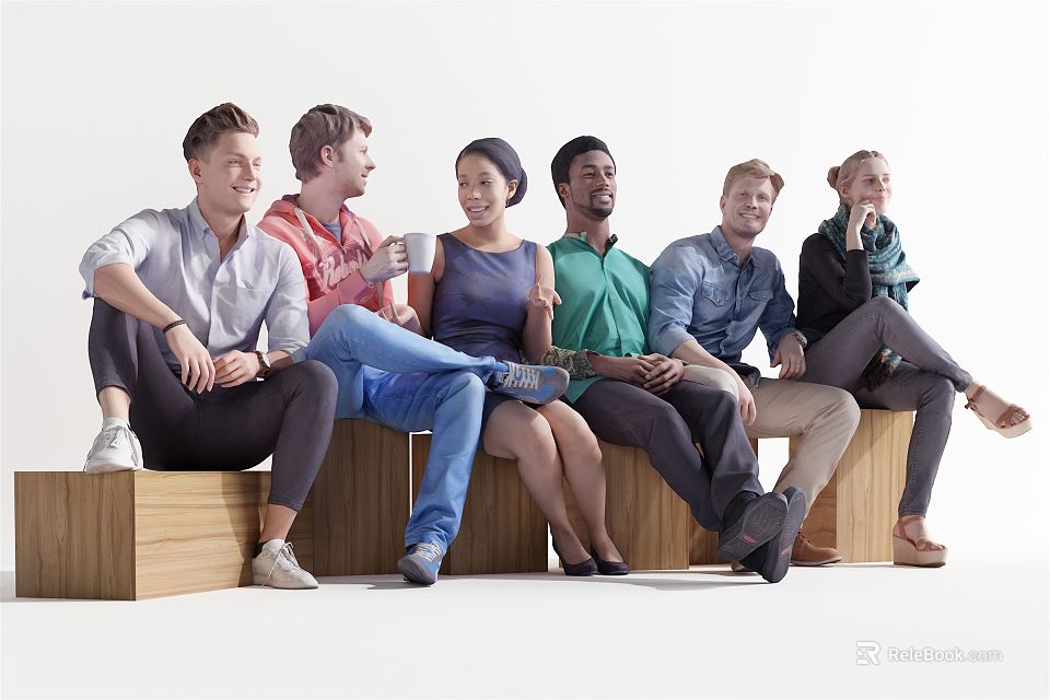 Group of diverse people sitting together on wooden benches enjoying casual relaxed gathering 3d model 
