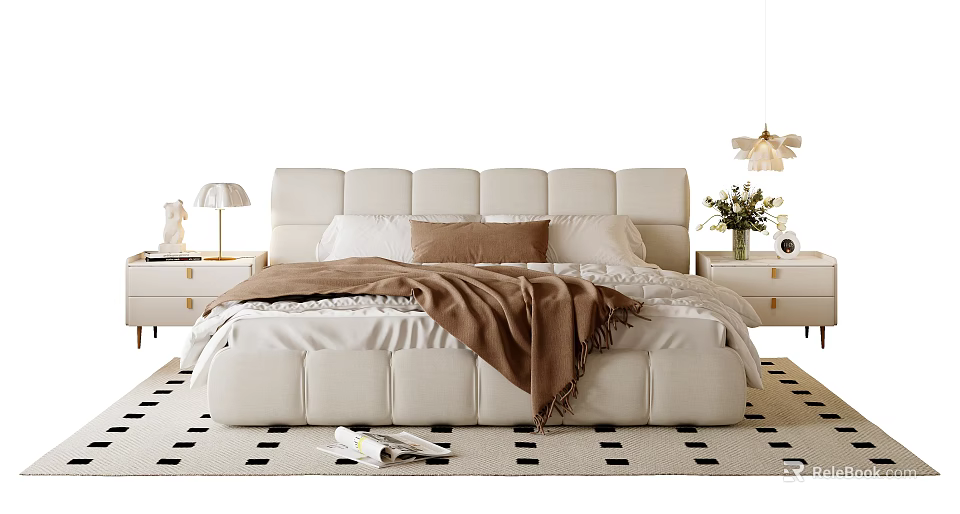 Modern Upholstered Double Bed with White Sheets Brown Throw Blanket and Nightstands on Patterned Rug 3d model