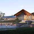 Scenic Visitor Center Surrounded by Forest Trees With Curved Roof and Illuminated Pathways