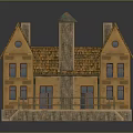 Realistic Miniature House Model With Yellow Walls Brown Tiled Roof Chimney And Stone Base