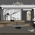 Modern Living Room Interior With Curved Sofa Round Coffee Table Chandelier Staircase And Decorative Painting