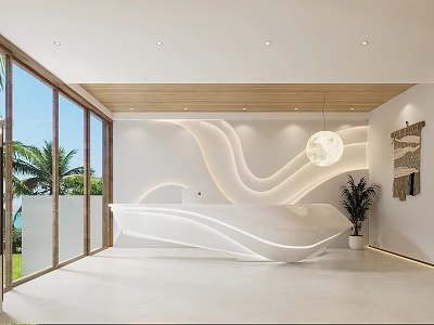 Modern Reception Area With Curved White Desk Wooden Ceiling And Tropical Plant Views 3d model