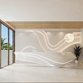 Modern Reception Area With Curved White Desk Wooden Ceiling And Tropical Plant Views