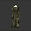 Olive Green Vintage Long Dress With Round Neckline And Lace Embroidery