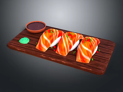 Fresh Salmon Sushi Pieces Served on Wooden Tray with Soy Sauce and Wasabi 3d model